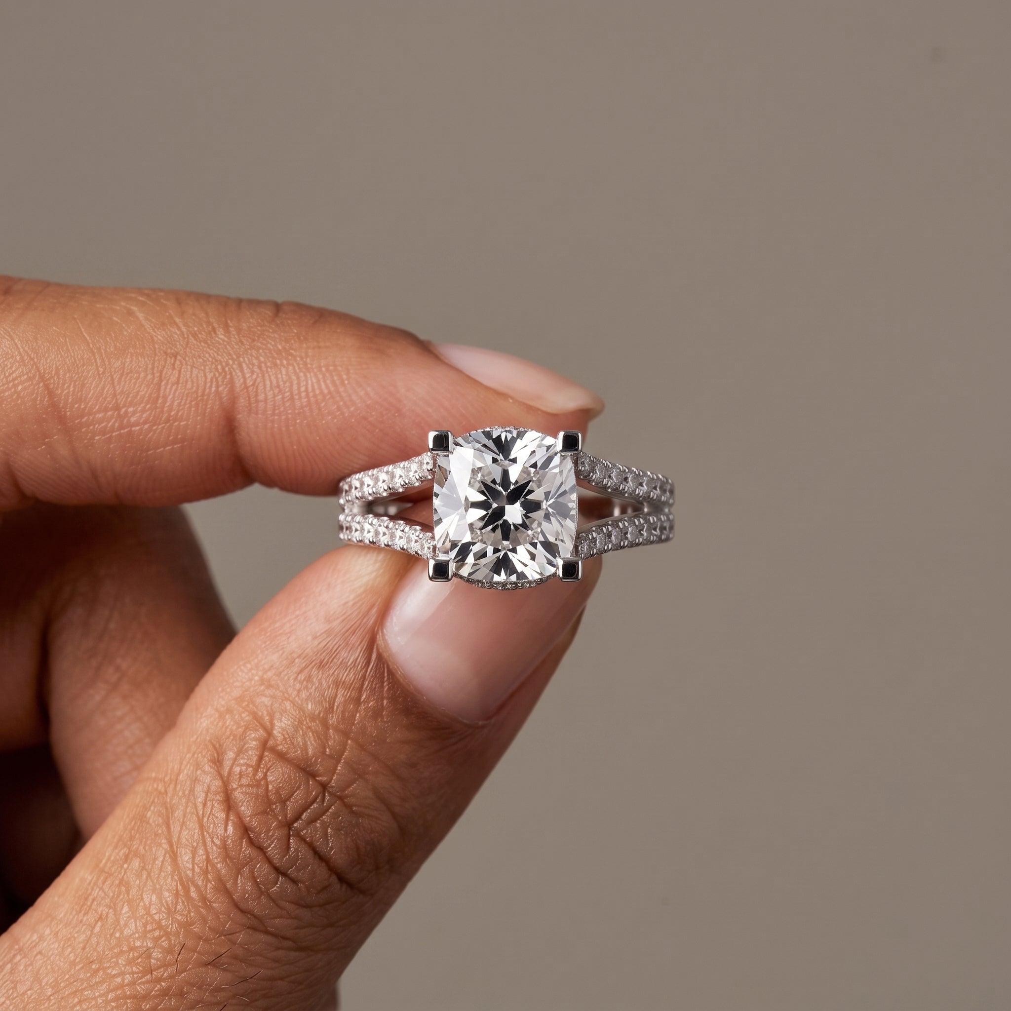 White Gold Cushion Cut Moissanite Split Shank Engagement Ring
