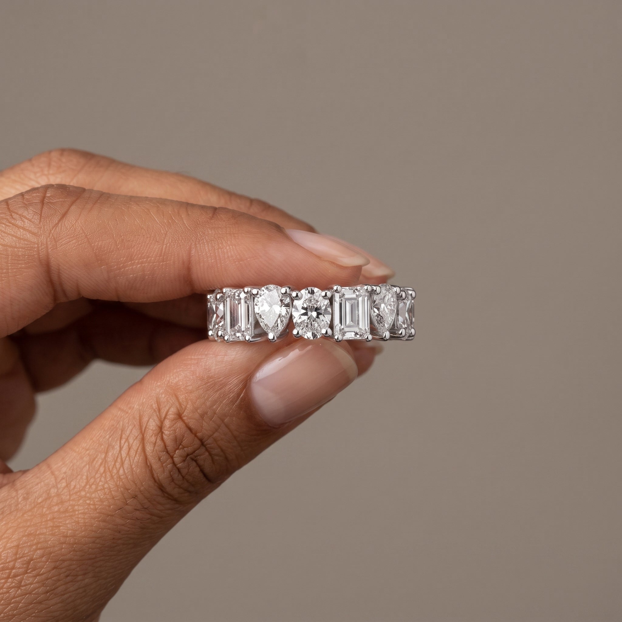 White Metal Emerald, Pear & Oval Cut Moissanite Eternity Band Ring