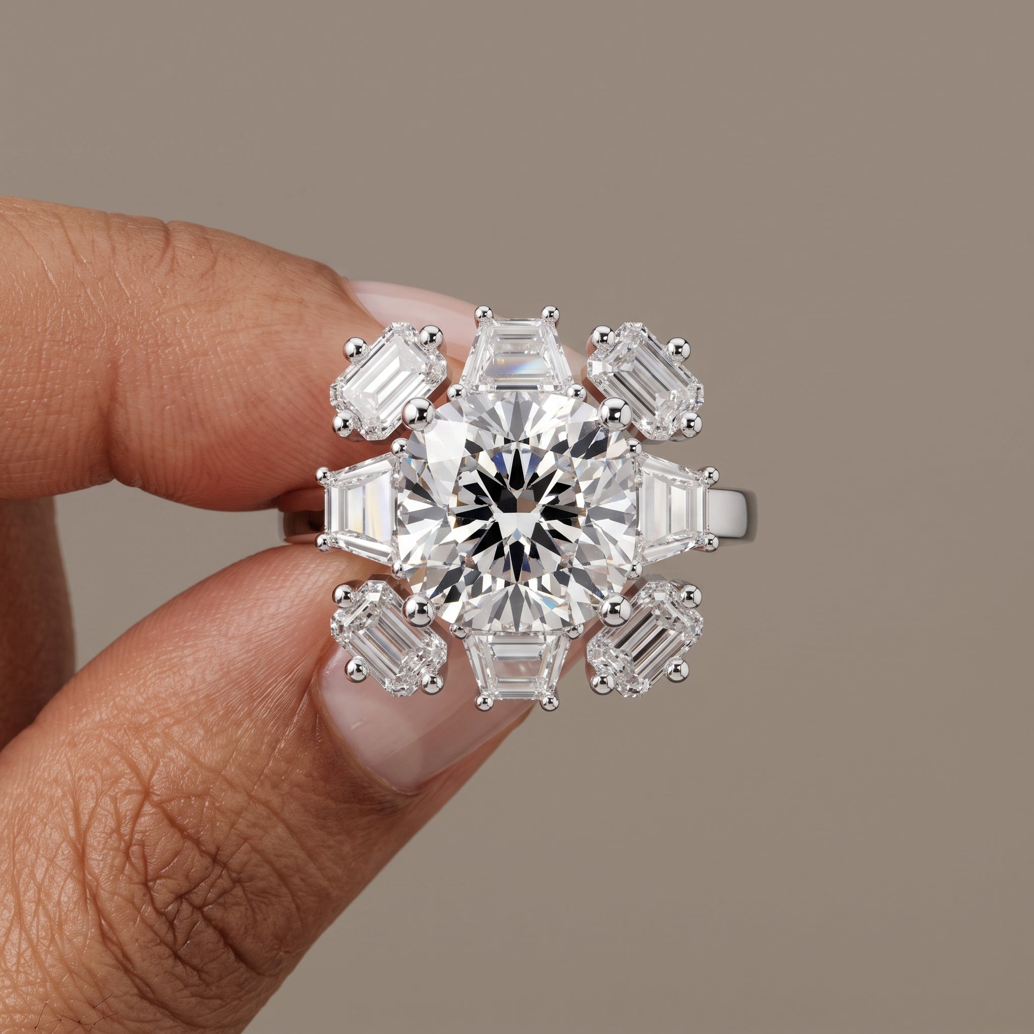 White Gold Round Moissanite Floral Halo Engagement Ring