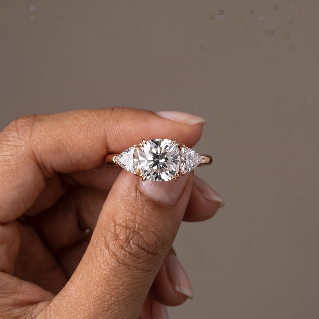 Rose Gold Cushion Cut Moissanite Three Stone Engagement Ring