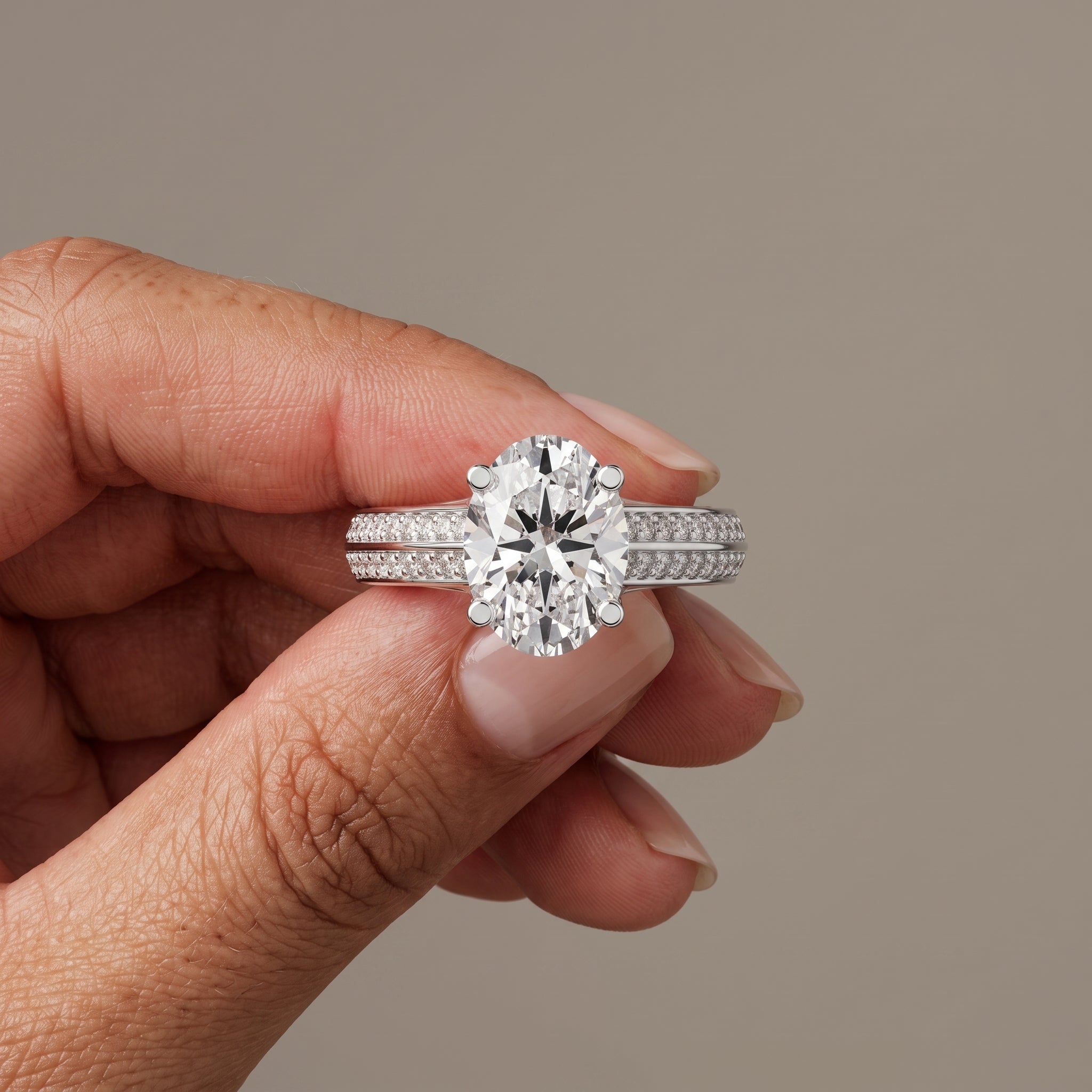 White Gold Oval Cut Moissanite Engagement Ring with Pavé Band
