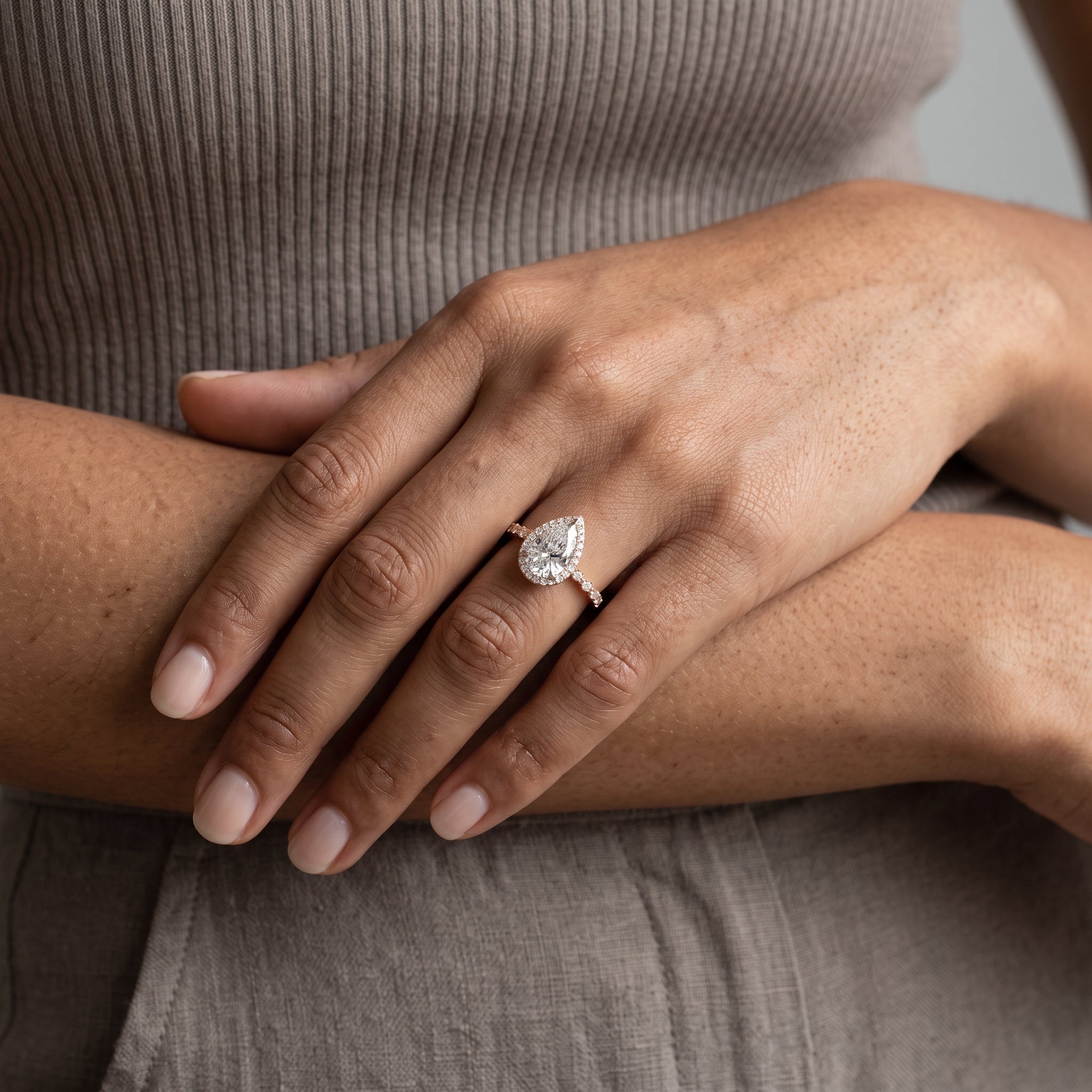 Rose Gold Pear Cut Moissanite Halo Engagement Ring