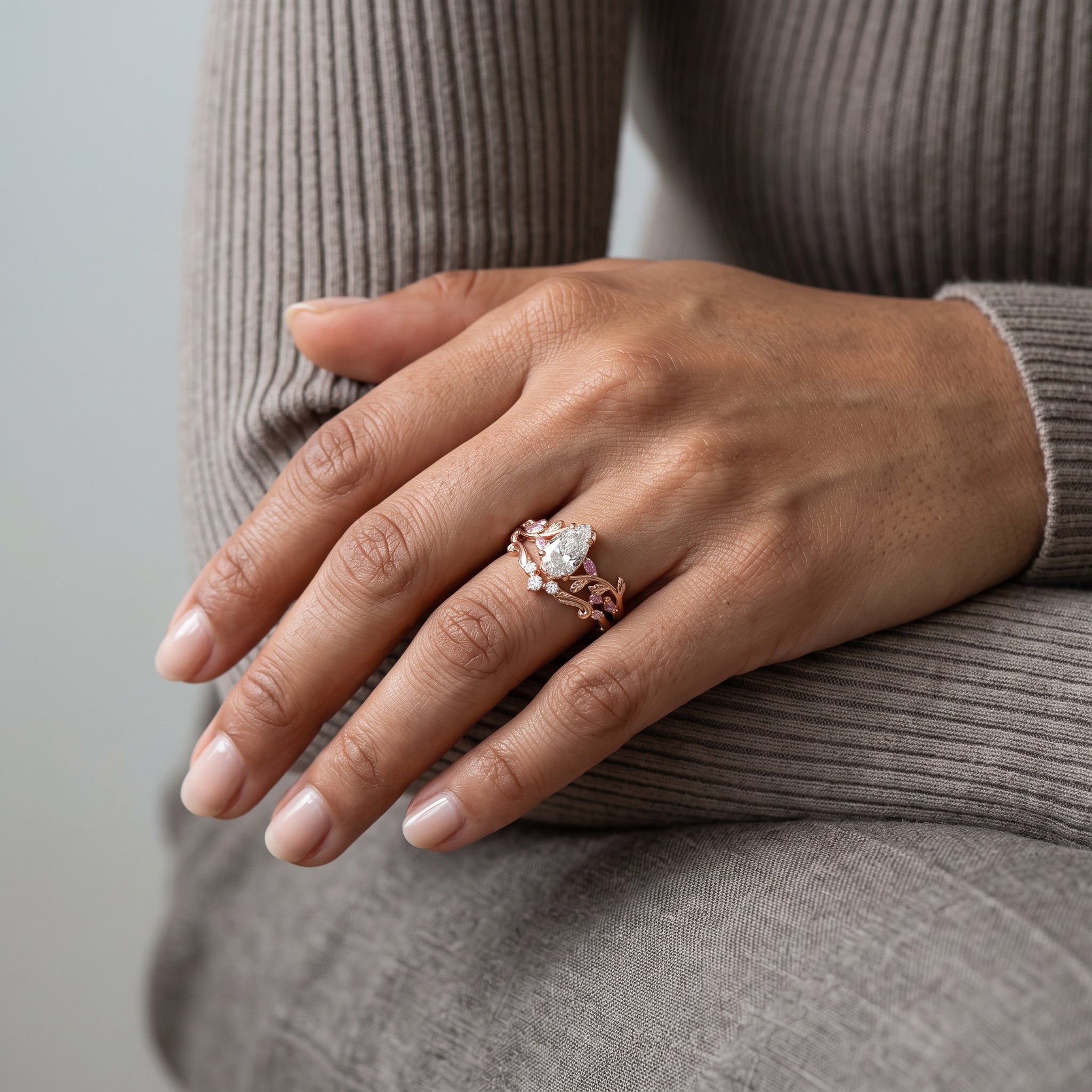 Rose Gold Pear Cut Moissanite Nature-Inspired Engagement Ring