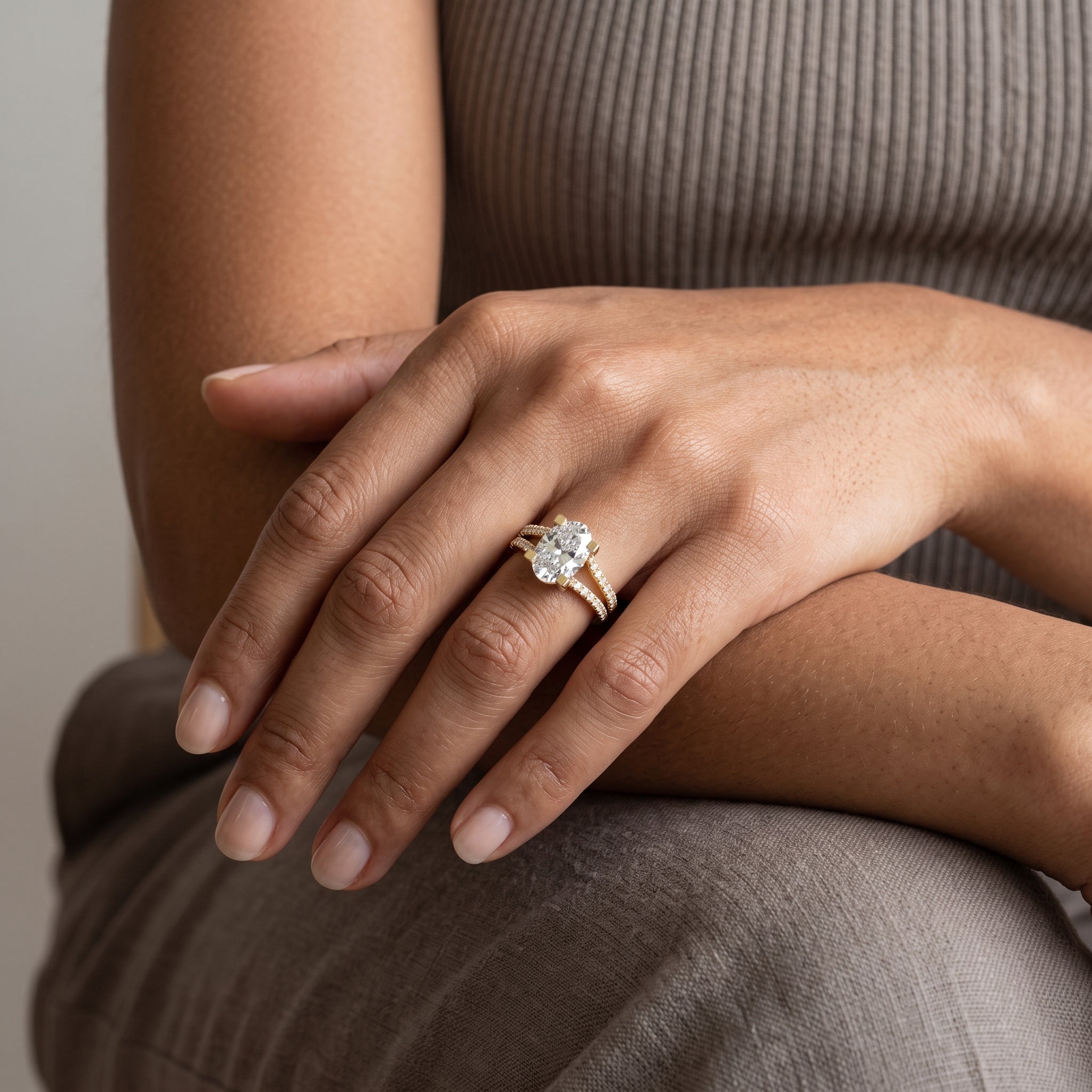 Yellow Gold Oval Cut Moissanite Split Shank Engagement Ring