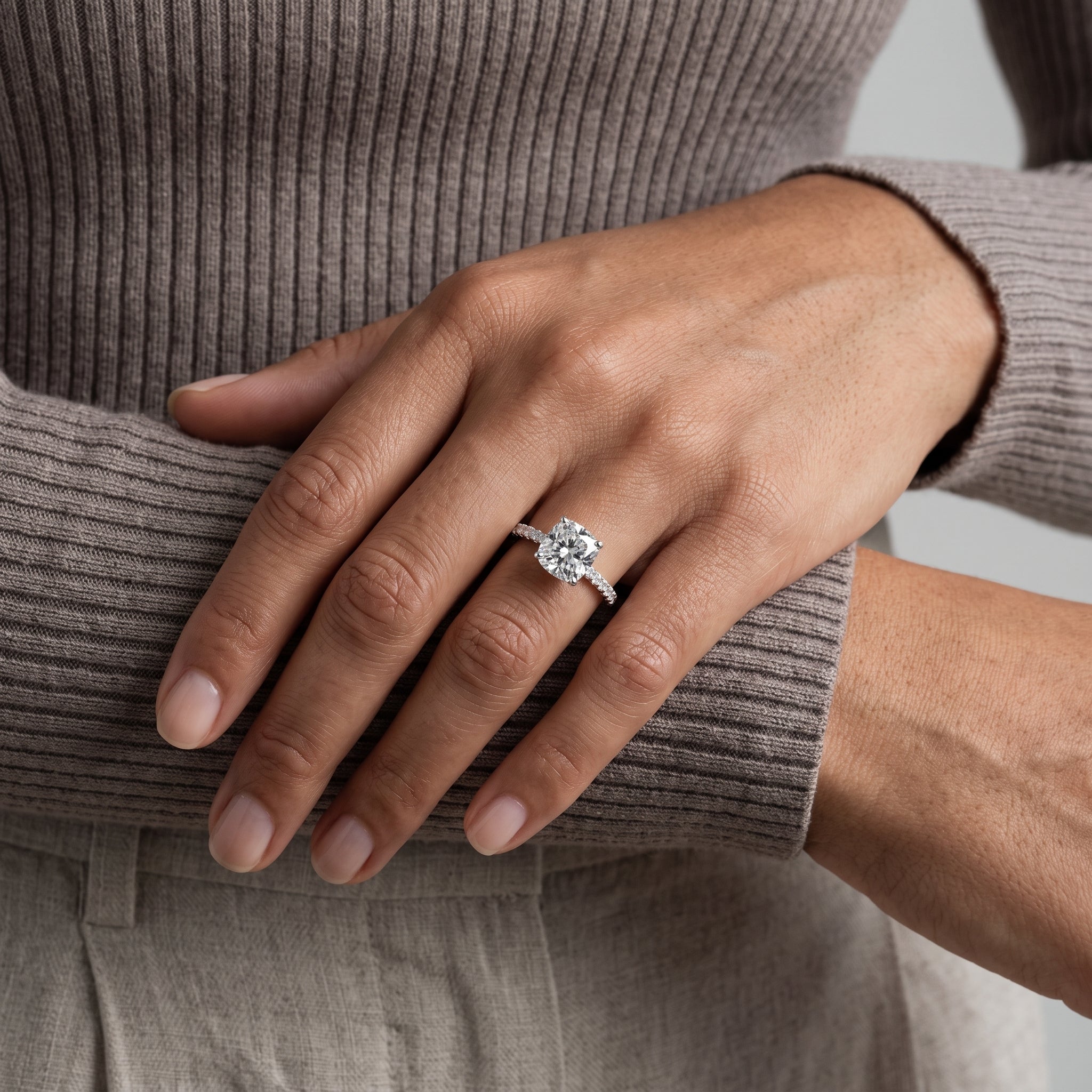 White Metal Cushion Cut Moissanite Engagement Ring with Pavé Band