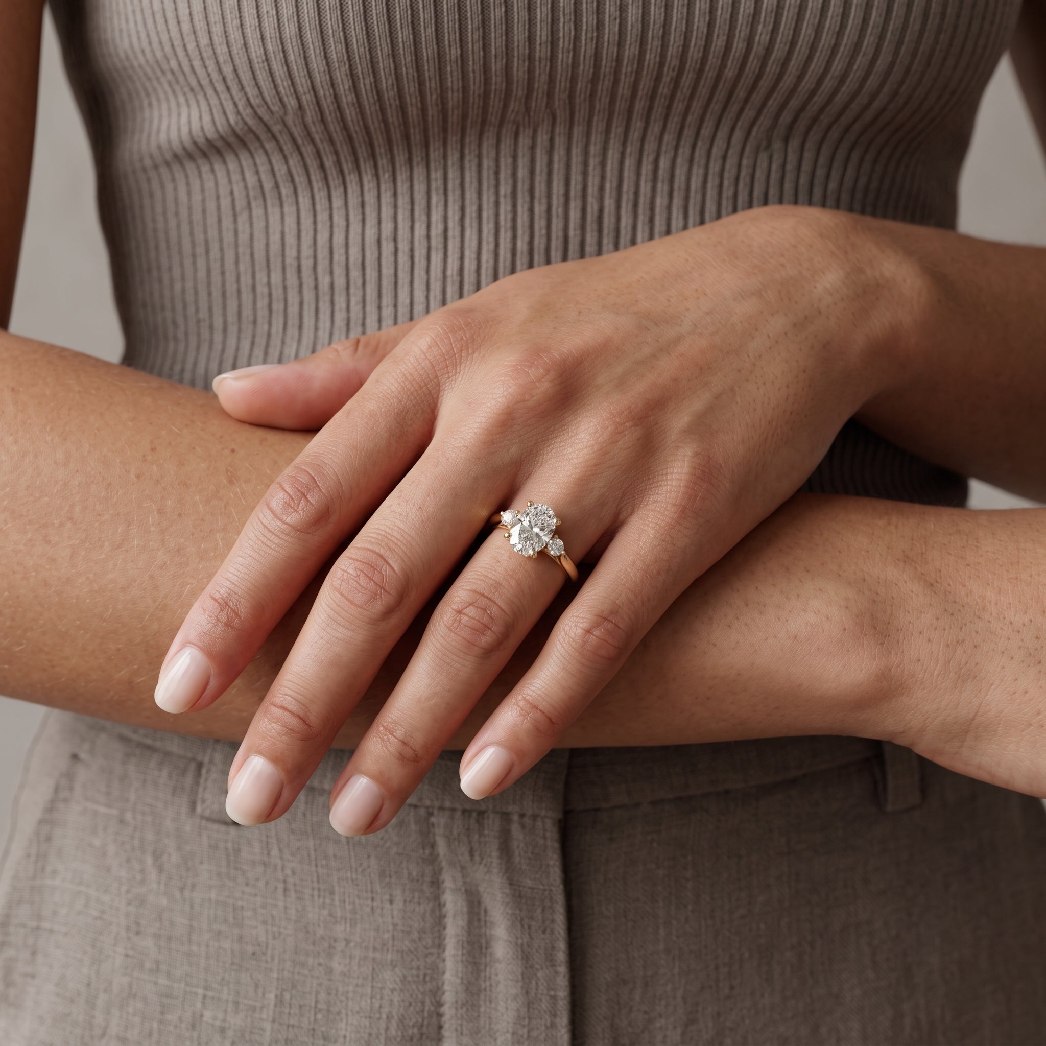 Yellow Gold Oval Moissanite Three-Stone Engagement Ring