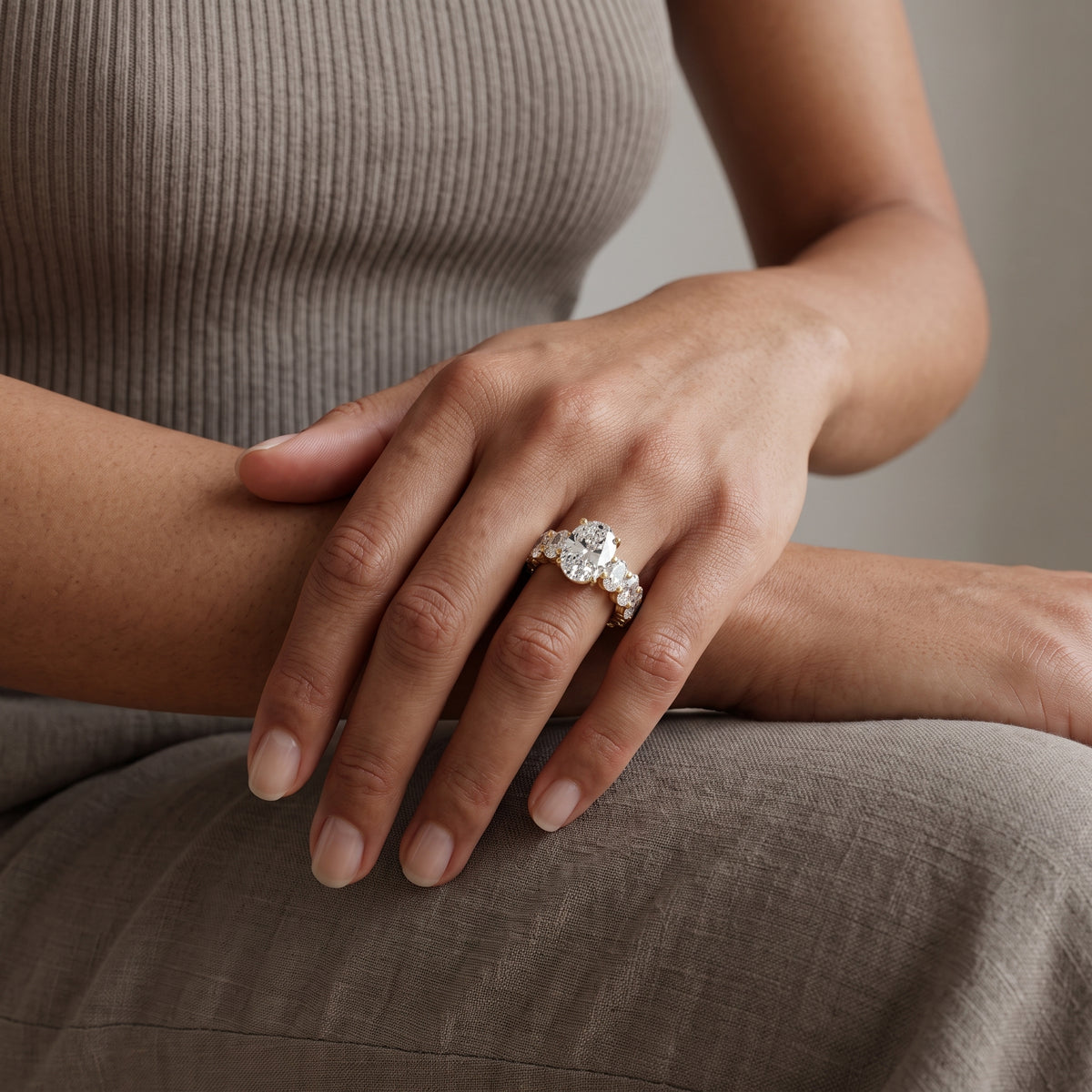 Yellow Gold Oval Moissanite Eternity Engagement Ring