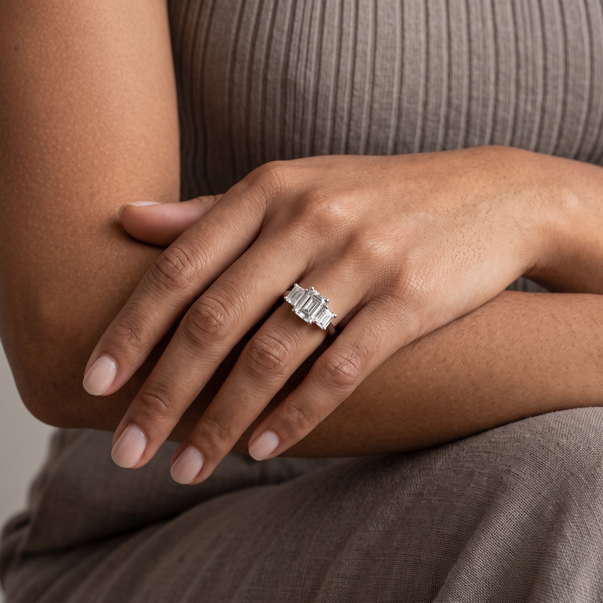 White Emerald Cut Moissanite Three-Stone Engagement Ring
