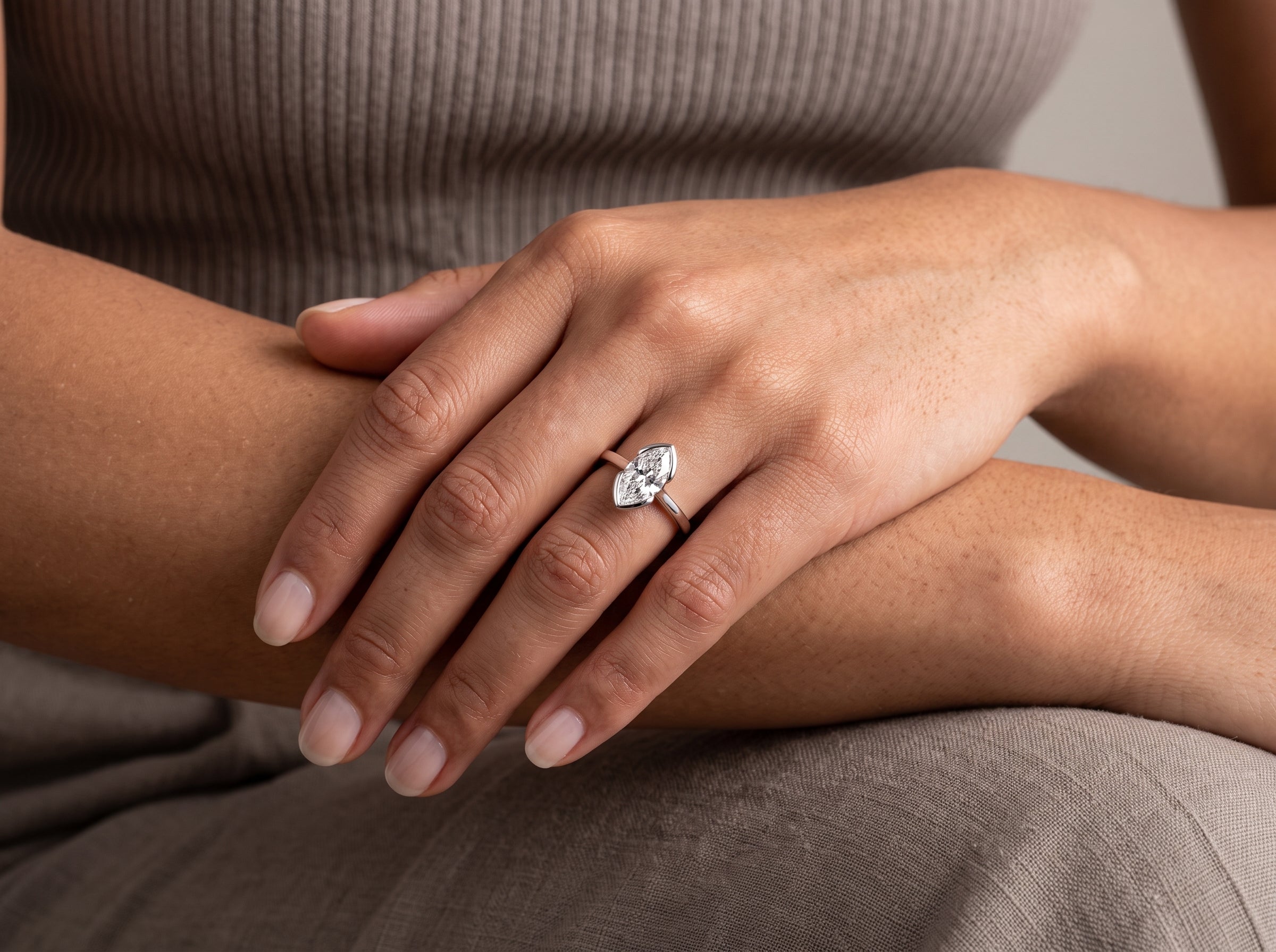 White Metal Marquise Cut Moissanite Solitaire Engagement Ring