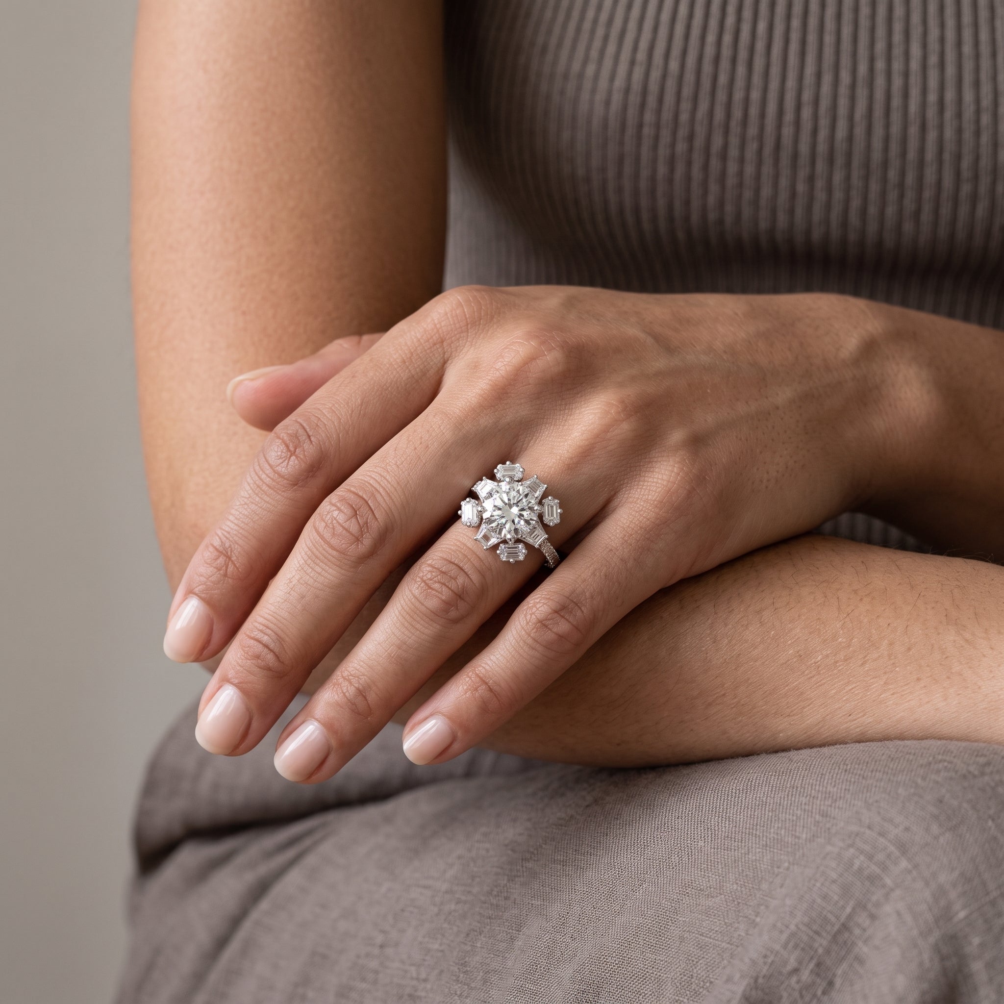 White Gold Round Moissanite Floral Halo Engagement Ring