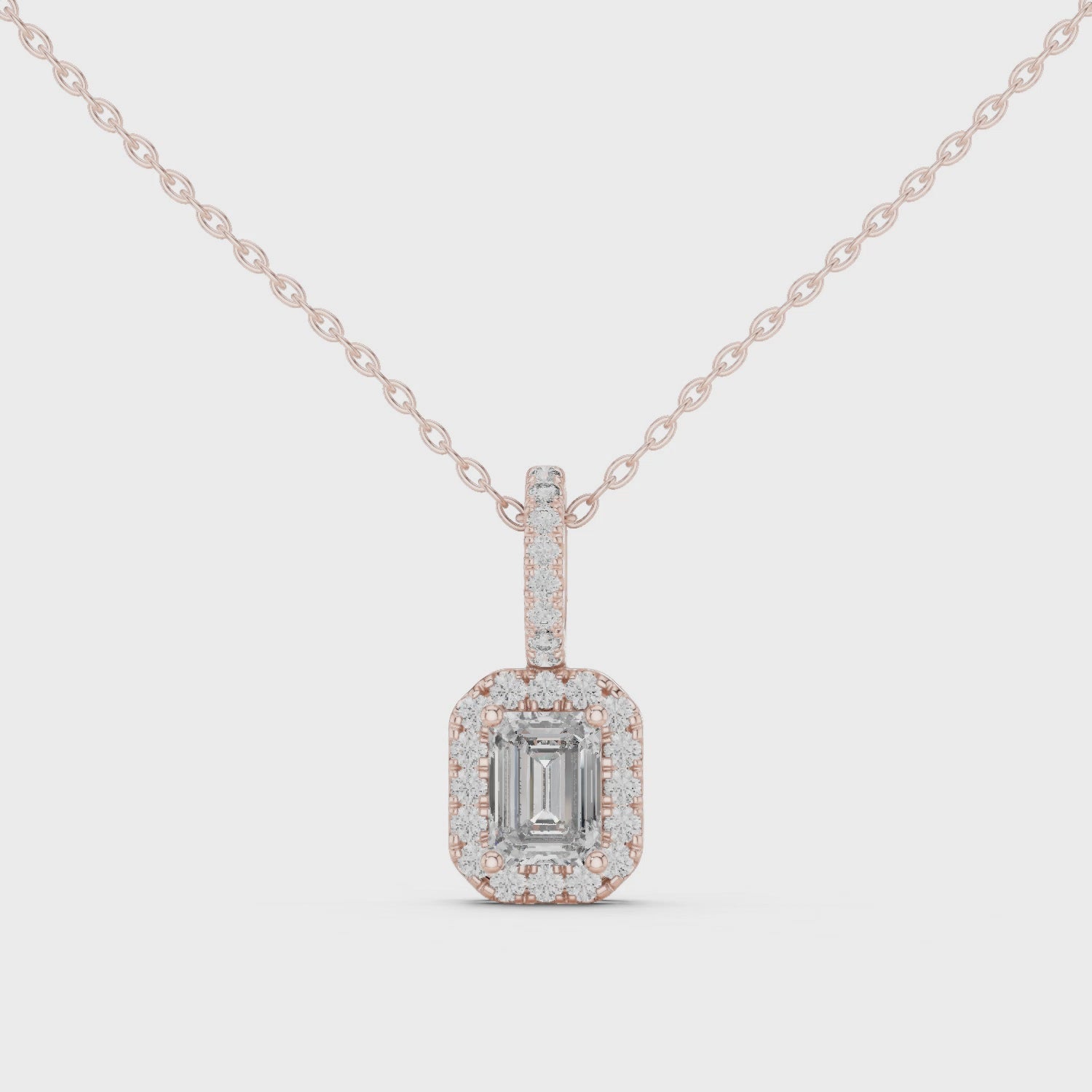 Emerald Cut Halo Moissanite Pendant in Yellow Gold
